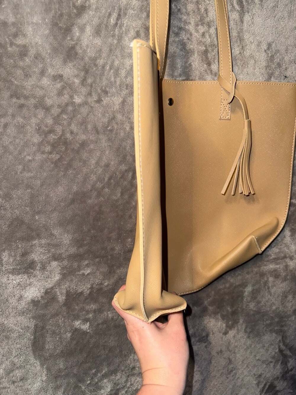 Tan Faux Leather Saffiano Tote Bag with Tassel - Picture 4 of 6